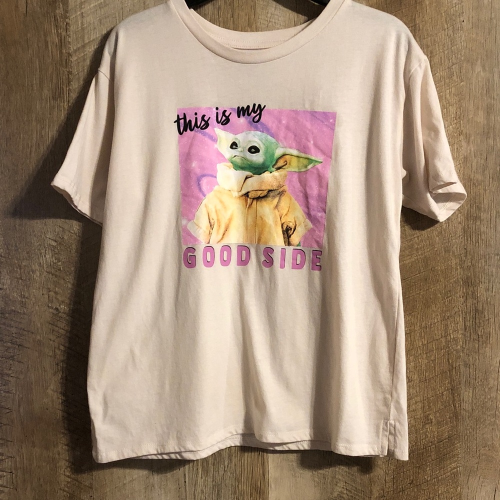 MAD Engine Stars Kids Short Sleeve Tee with Pink and Green Baby Yoda Graphic